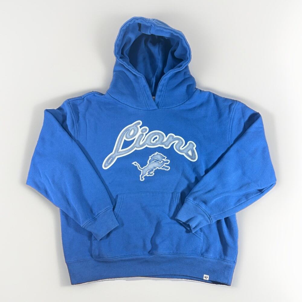 '47 Brand Detroit Lions Hoodie Men's Medium Blue Script Pullover NFL Sweatshirt